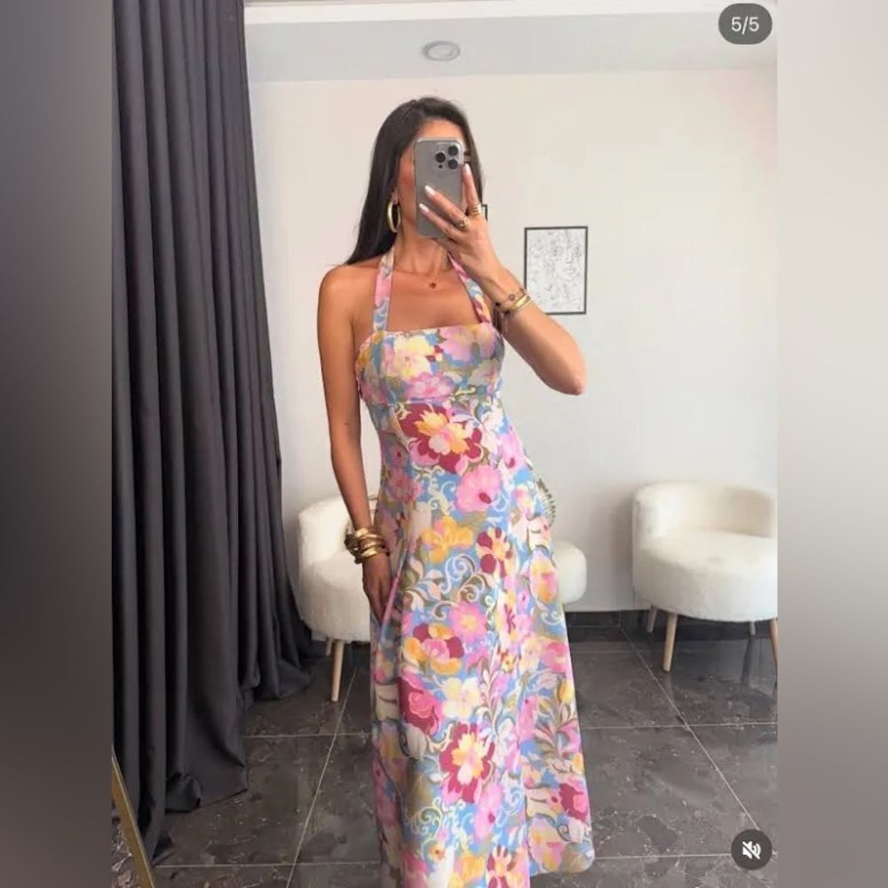 ZARA PRINTED LINEN MIDI DRESS - Picture 4 of 10